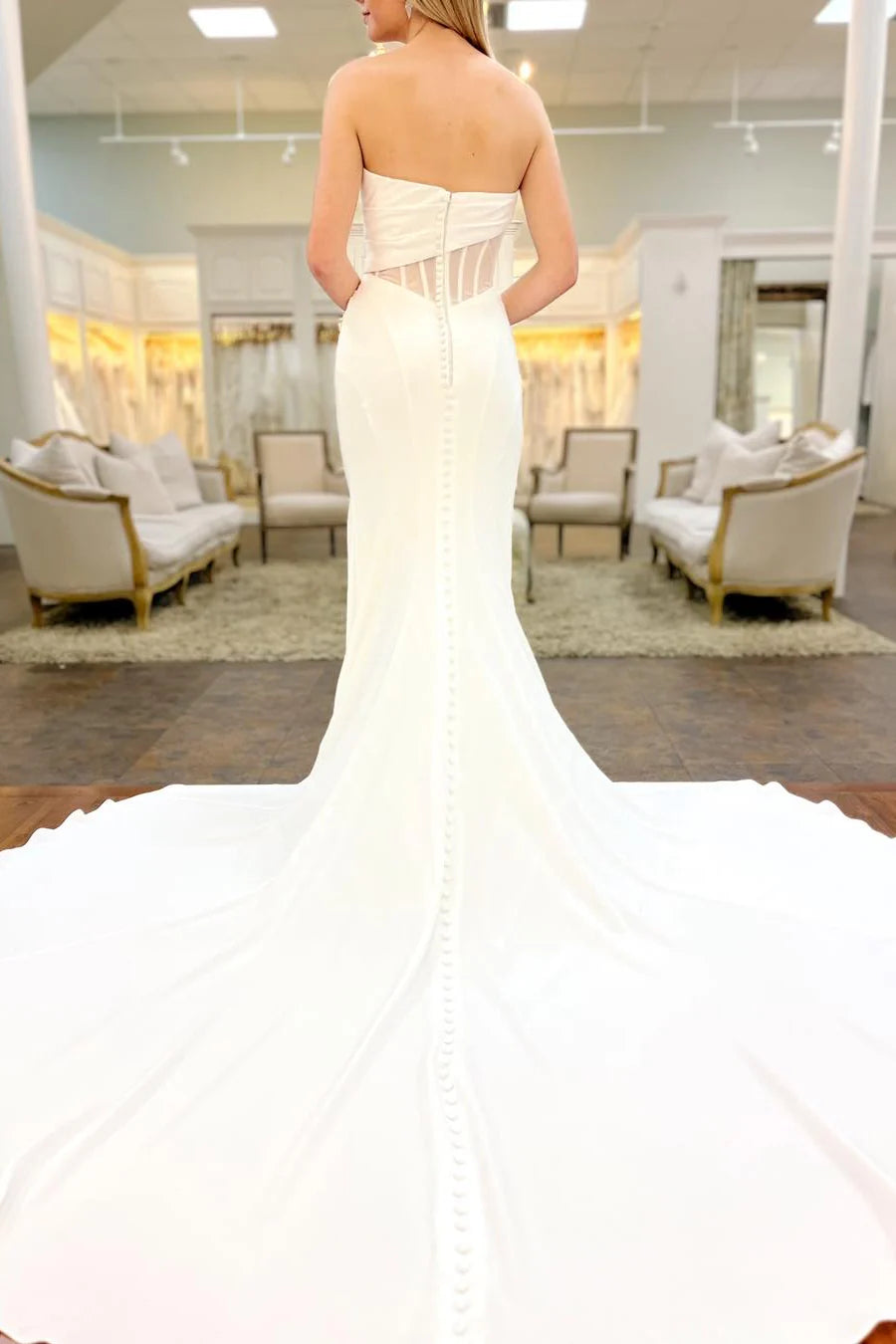 Strapless Satin Mermaid Wedding Dress with Sheer Corset Waist and Cathedral Train