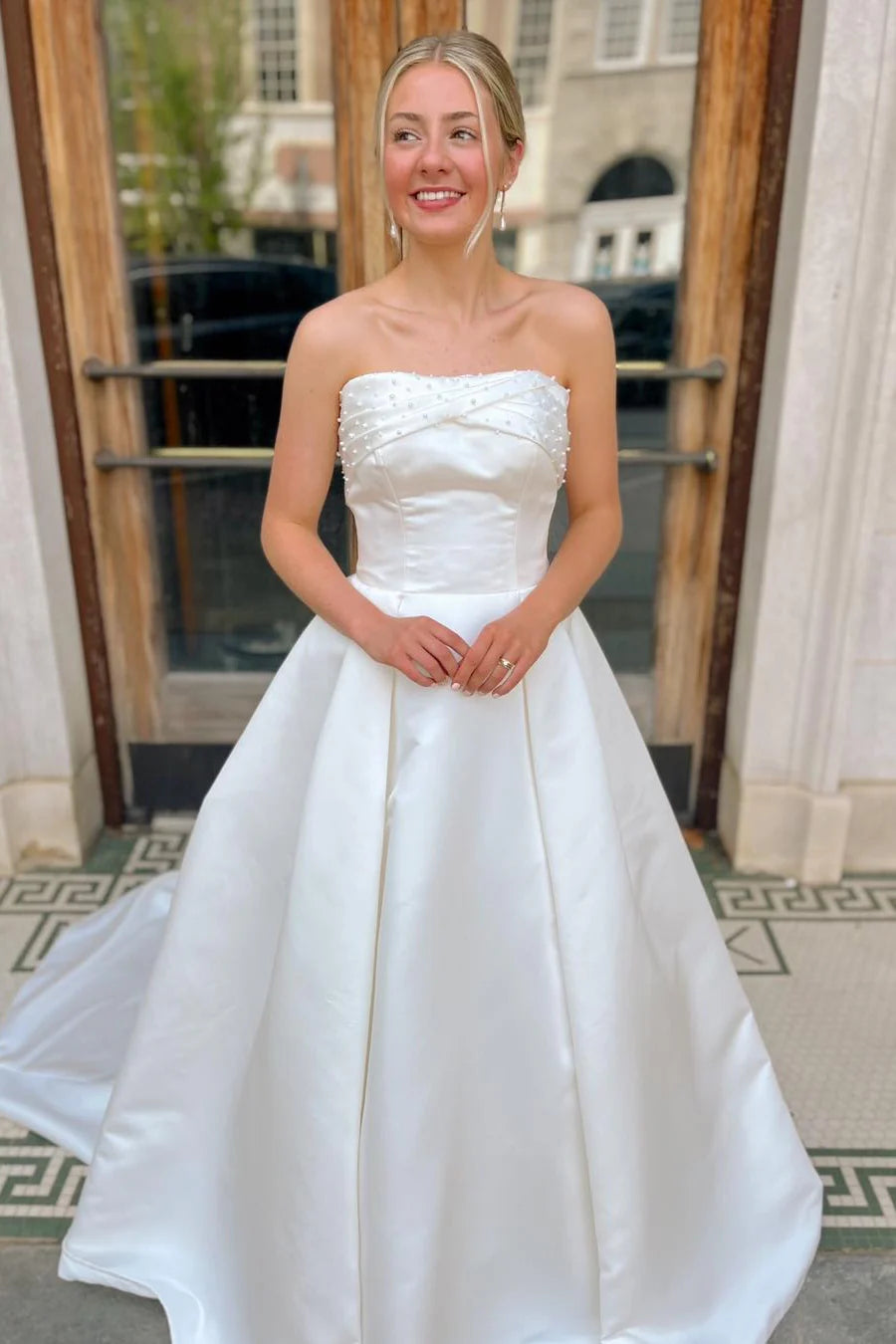 Strapless Satin Wedding Dress with Pearl Embellishment and Oversized Back Bow