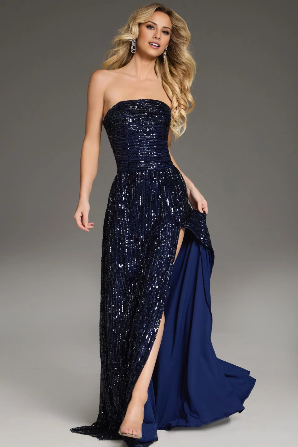 Strapless Sequin Gown with High Slit  Evening Dresses