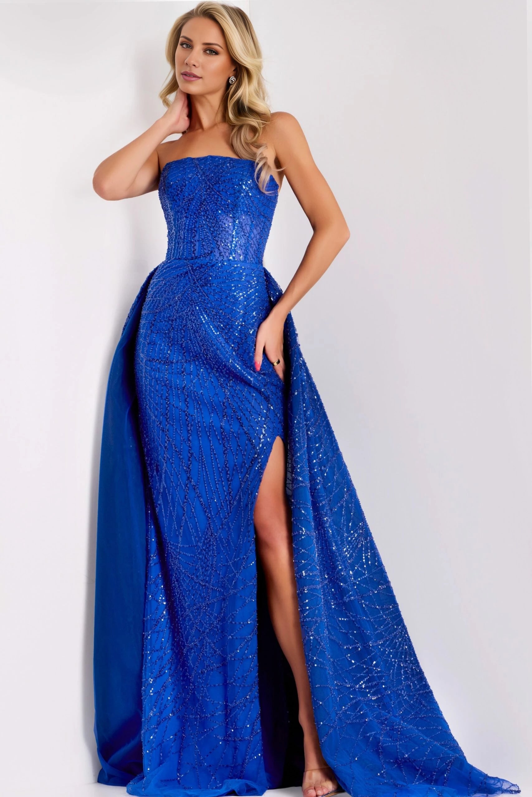 Strapless Sequin Royal Dress With High Slit And Overskirt Evening Dresses