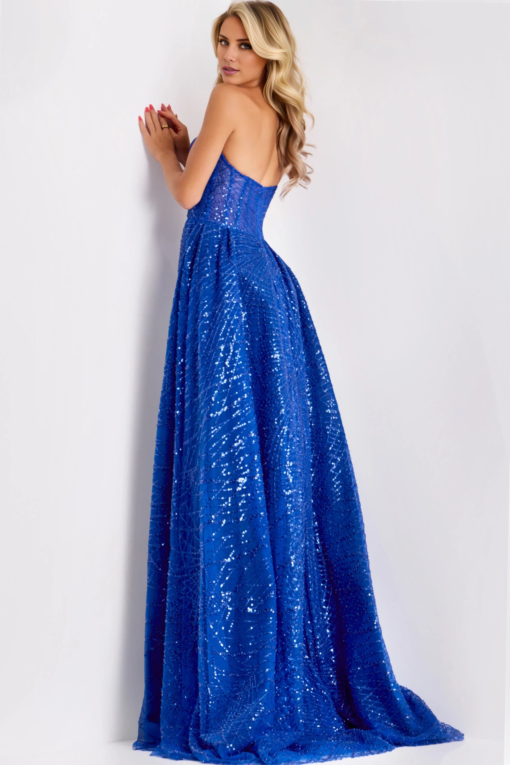 Strapless Sequin Royal Dress With High Slit And Overskirt Evening Dresses