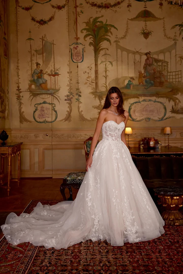 Strapless Sequined and Lace Ball Gown with Cuff Detail at Neckline Wedding Dresses