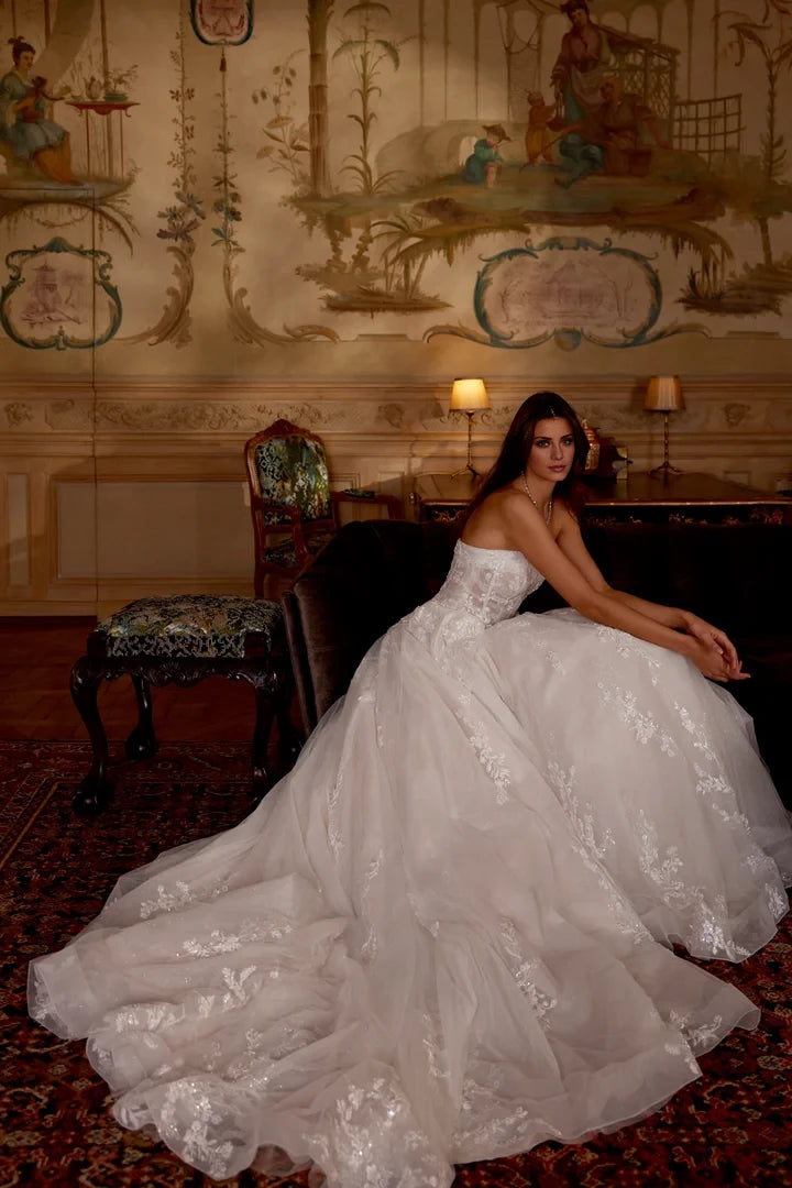 Strapless Sequined and Lace Ball Gown with Cuff Detail at Neckline Wedding Dresses