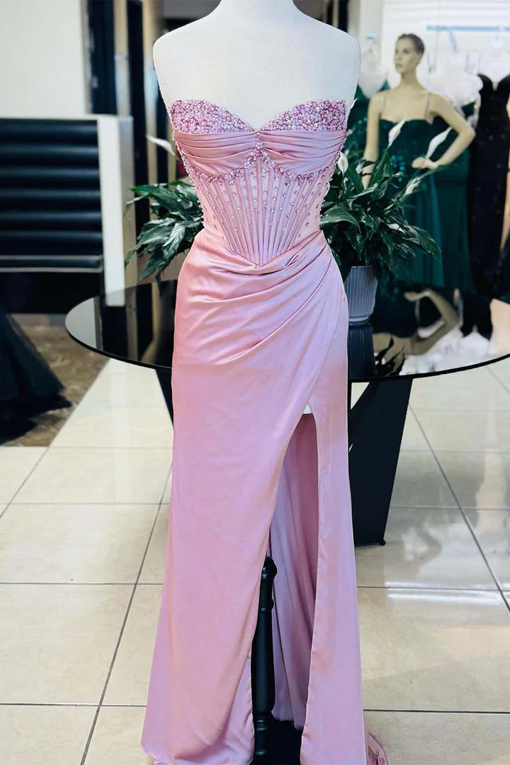 Strapless Side Slit Sheer Corset Bodice Prom Dress with Beads
