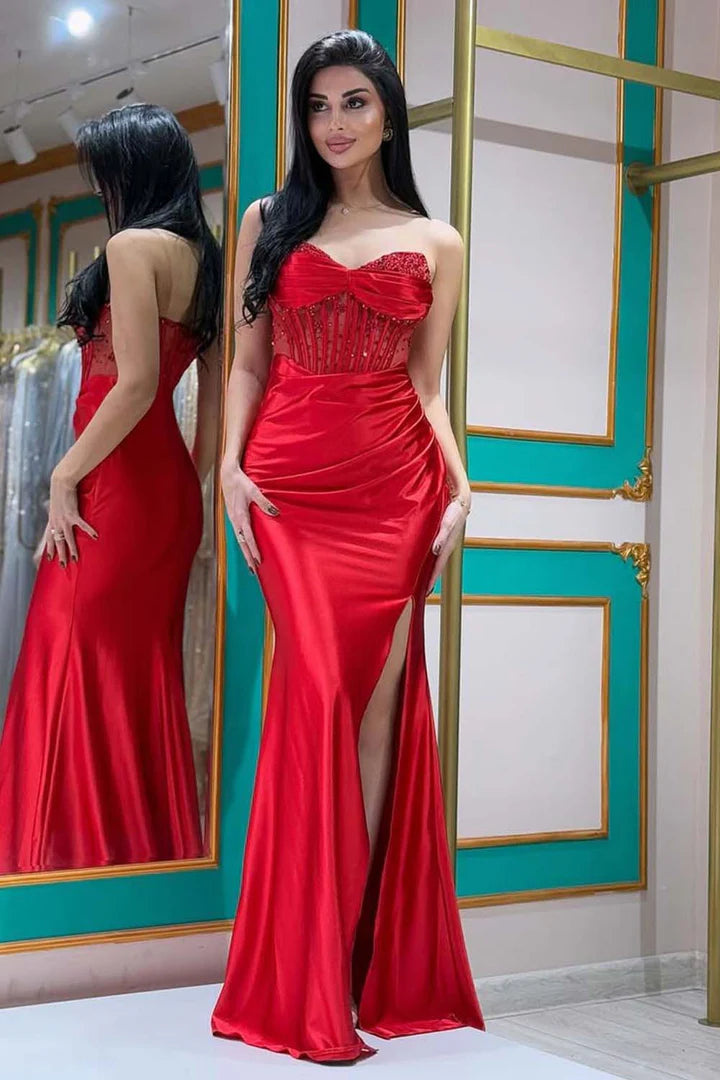 Strapless Side Slit Sheer Corset Bodice Prom Dress with Beads