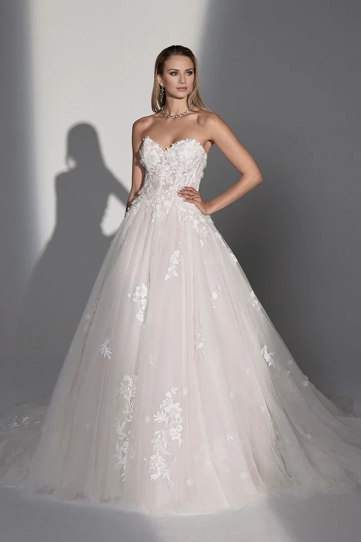 Strapless Soft Tulle Ball Gown with Dimensional Appliqués Wedding Dresses