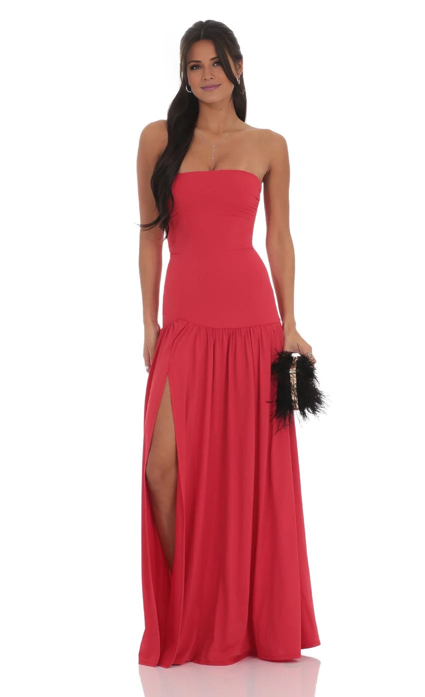 Strapless Split Fork Drop Waist Maxi Dress Prom Dresses