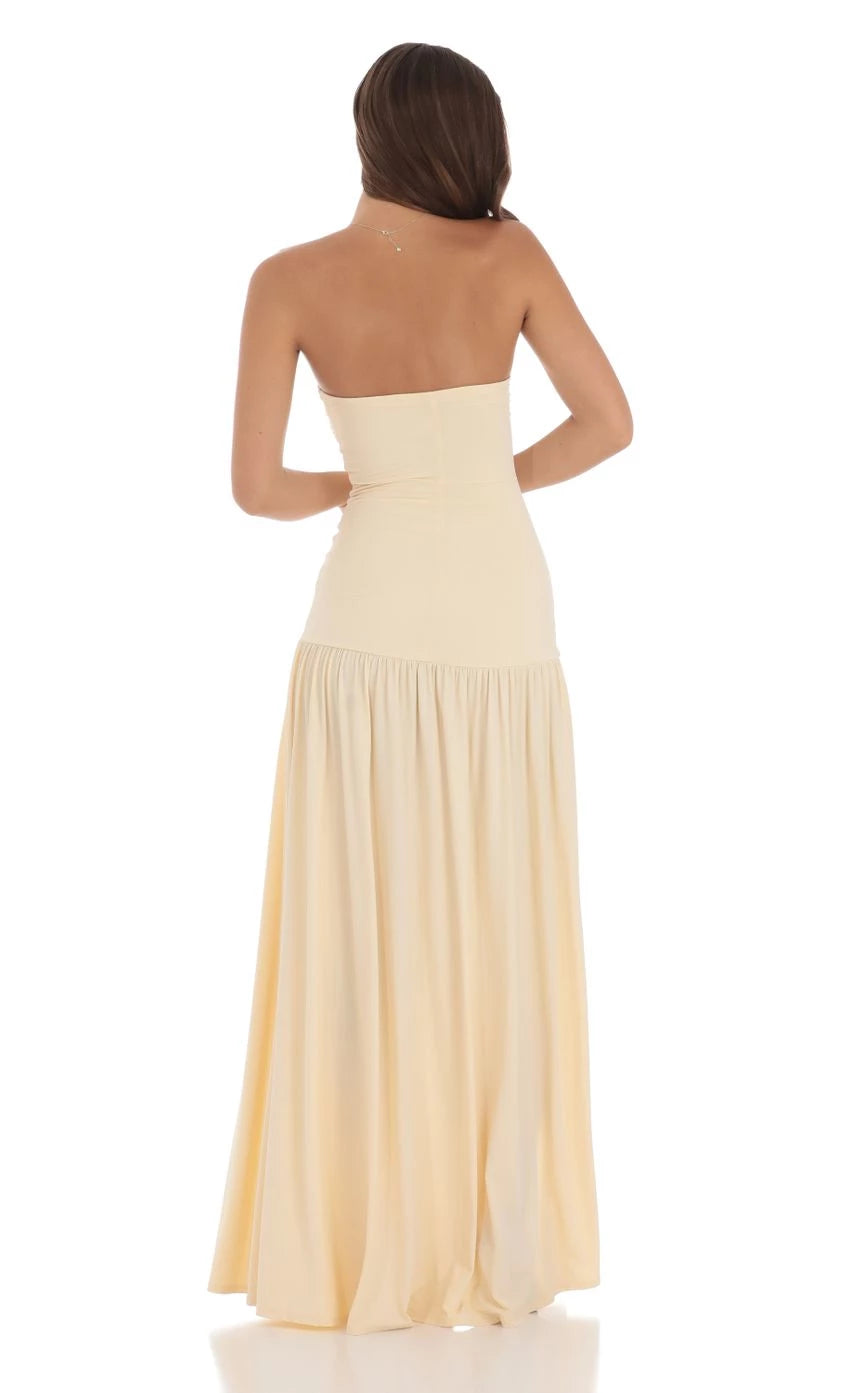Strapless Split Fork Drop Waist Maxi Dress Prom Dresses