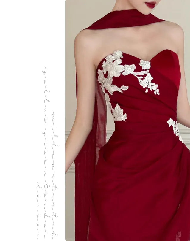 Strapless Sweetheart Evening Dress with Chiffon Scarf & Train