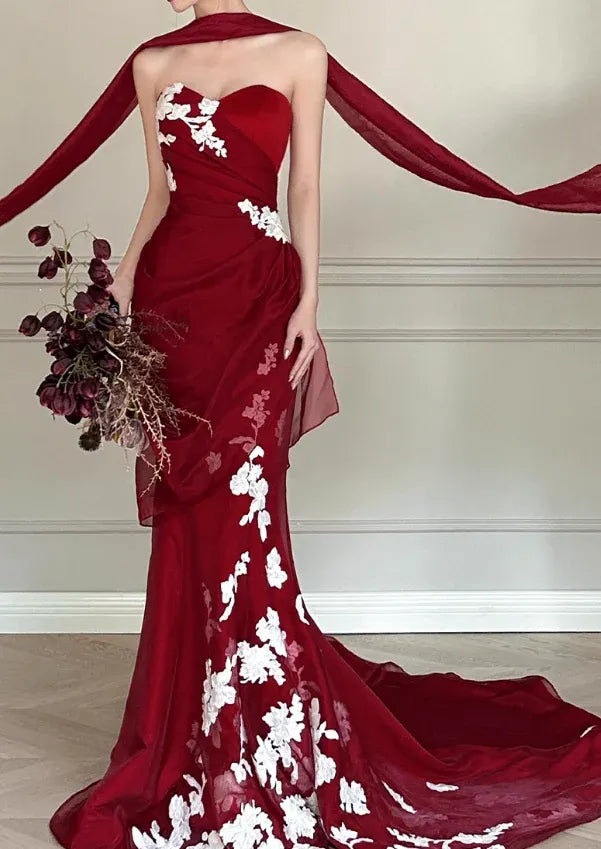 Strapless Sweetheart Evening Dress with Chiffon Scarf & Train