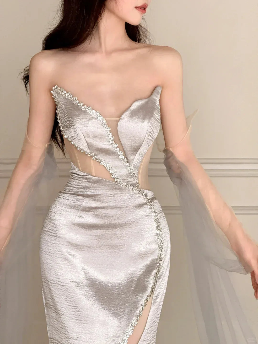 Strapless Sweetheart Neck Dress with Tulle Sleeves, Cutout & Train