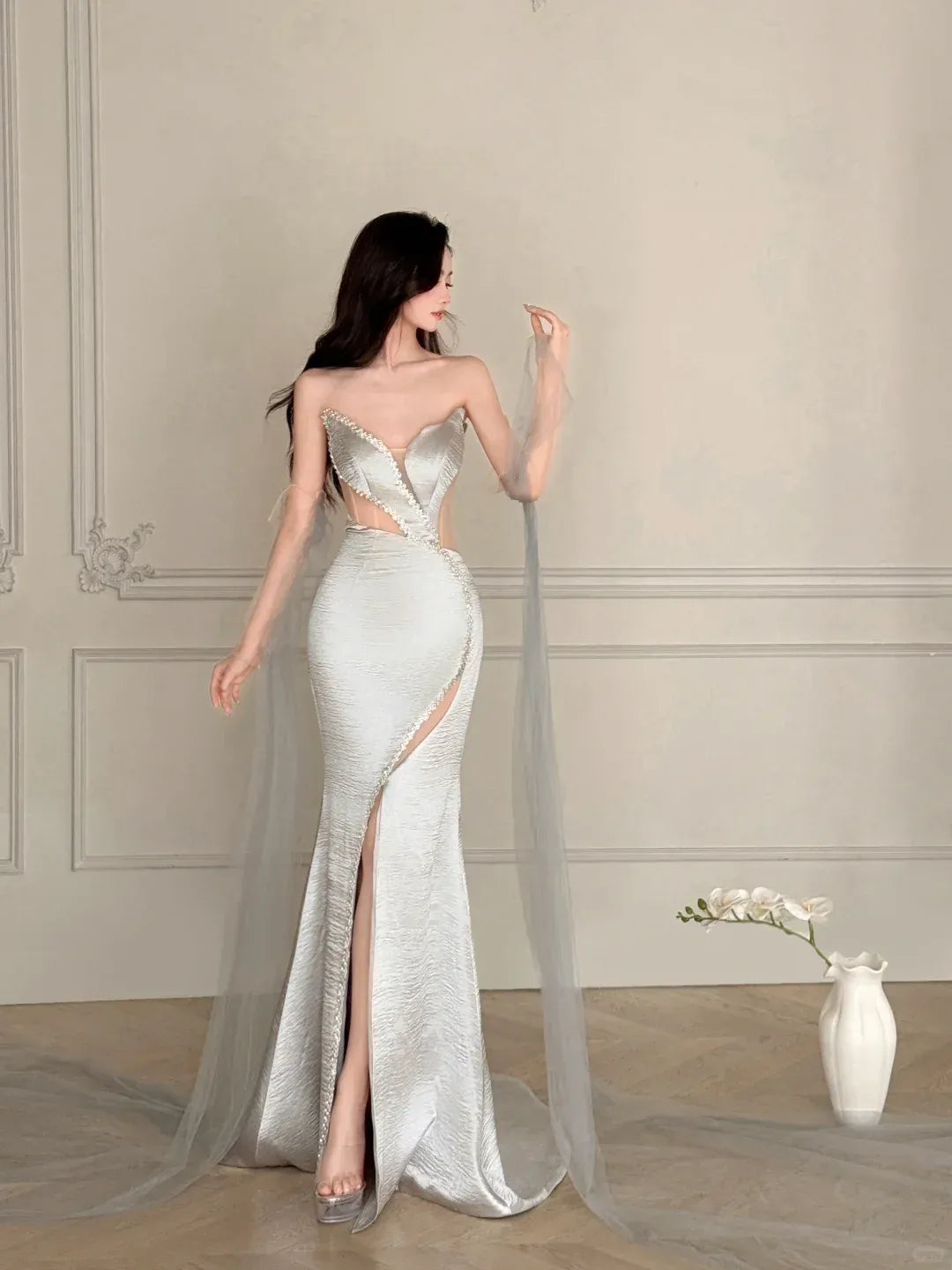 Strapless Sweetheart Neck Dress with Tulle Sleeves, Cutout & Train