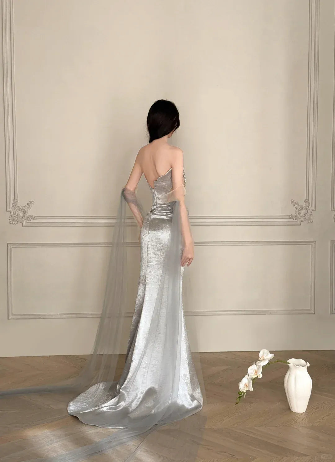 Strapless Sweetheart Neck Dress with Tulle Sleeves, Cutout & Train