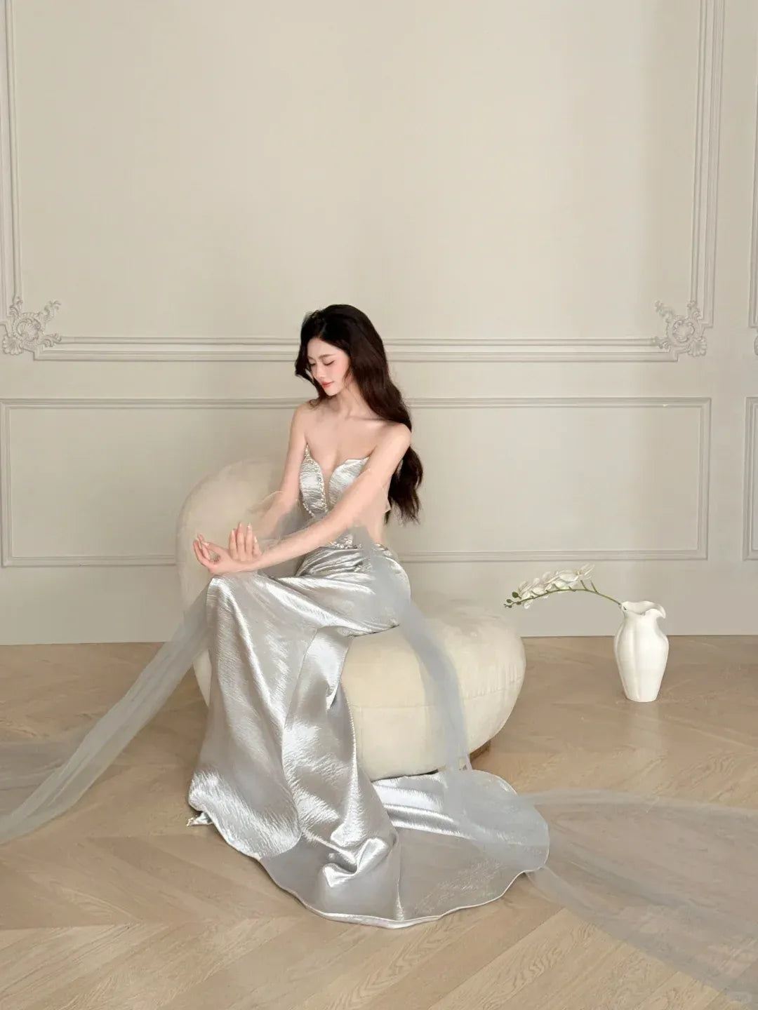 Strapless Sweetheart Neck Dress with Tulle Sleeves, Cutout & Train