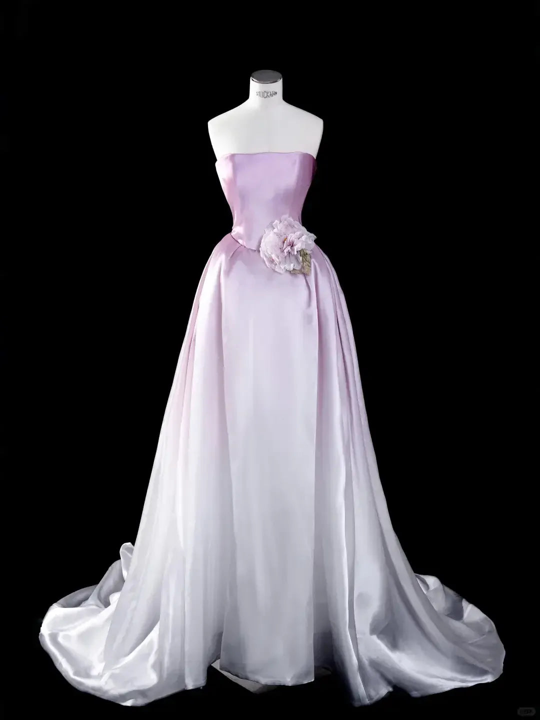 Strapless Sweetheart Neck Evening Dress with Floral Waist Accent & Trailing Train