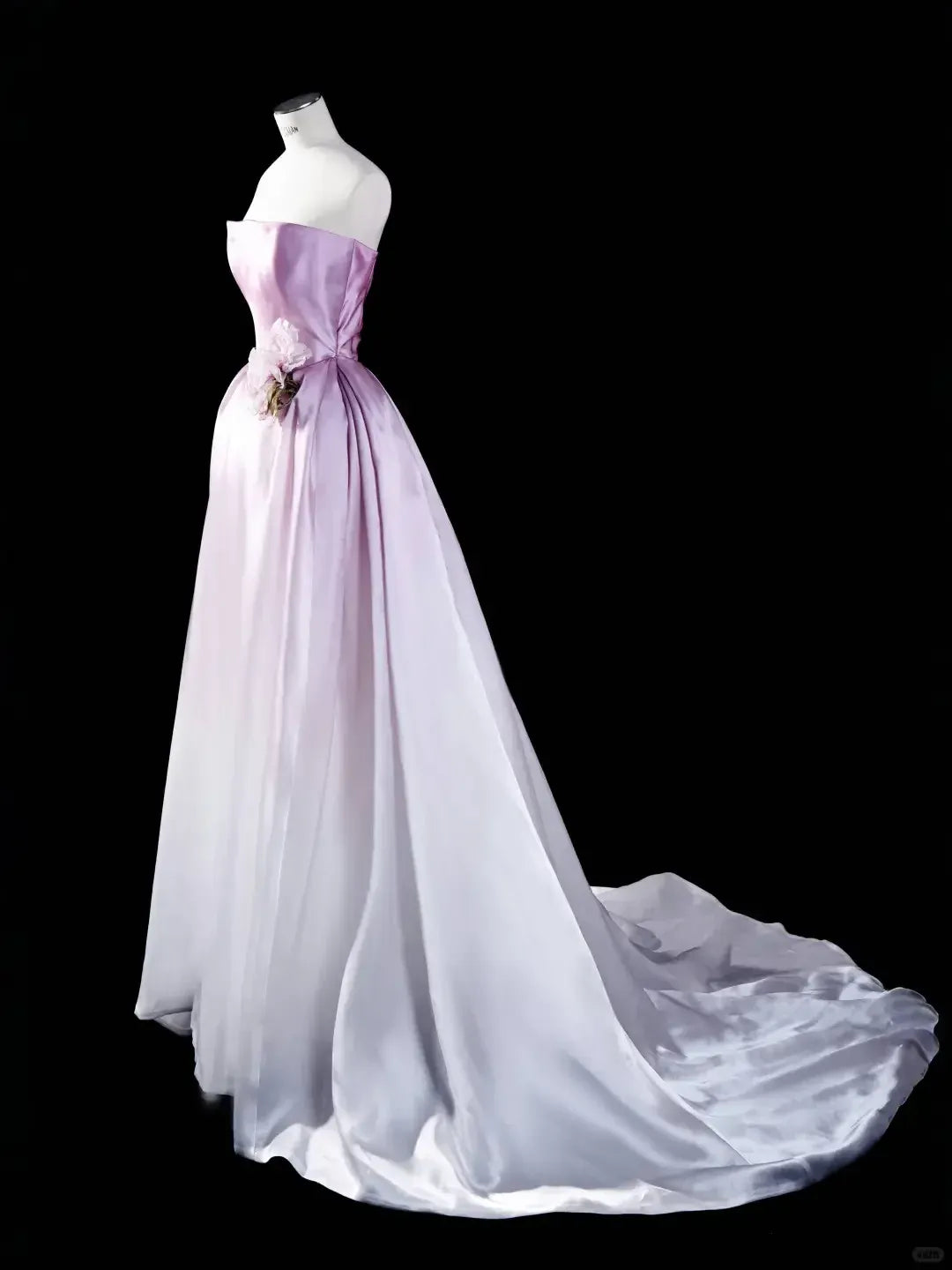 Strapless Sweetheart Neck Evening Dress with Floral Waist Accent & Trailing Train