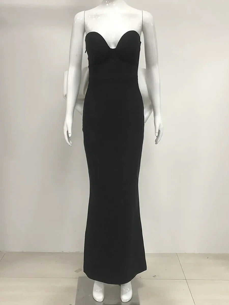 Strapless Sweetheart Neck Oversized Satin Bow Back Mermaid Evening Dress Bodycon Floor Length Formal Party Prom Gown with Back Slit
