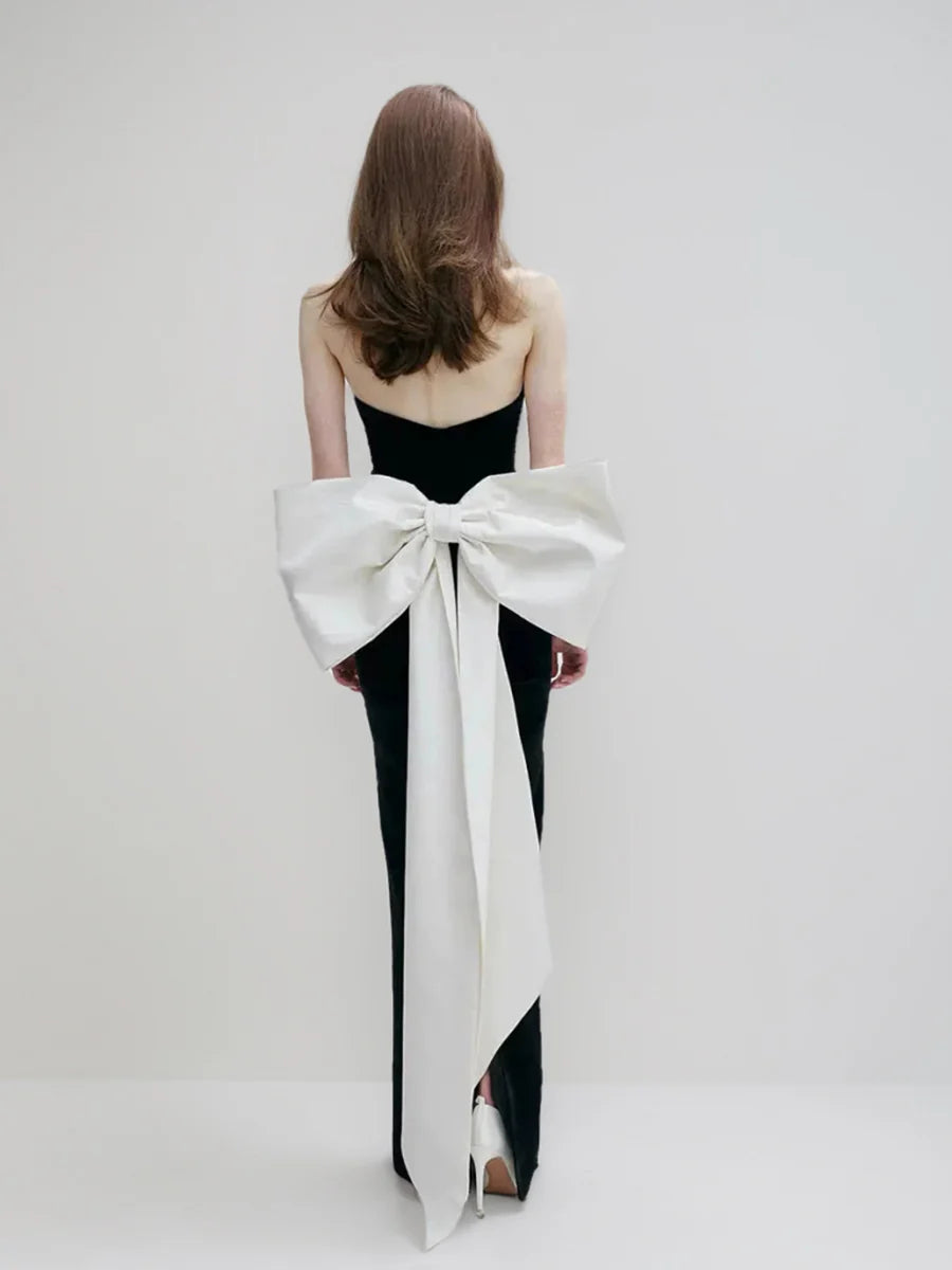 Strapless Sweetheart Neck Oversized Satin Bow Back Mermaid Evening Dress Bodycon Floor Length Formal Party Prom Gown with Back Slit
