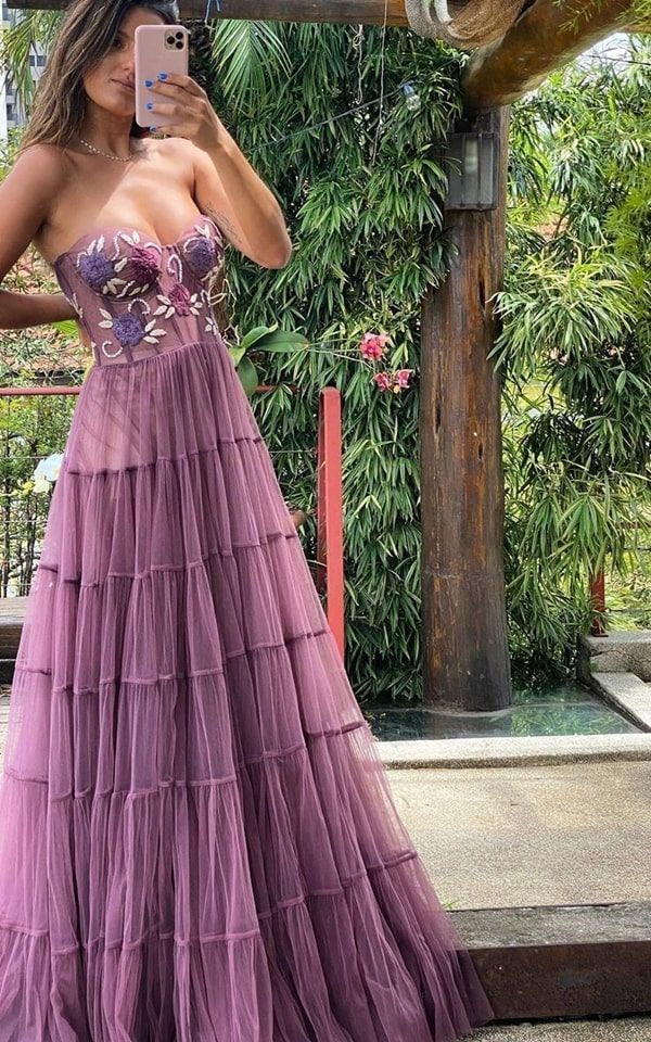 Strapless Sweetheart Neck Tiered Evening Dress with Sheer Bodice & Maxi Length