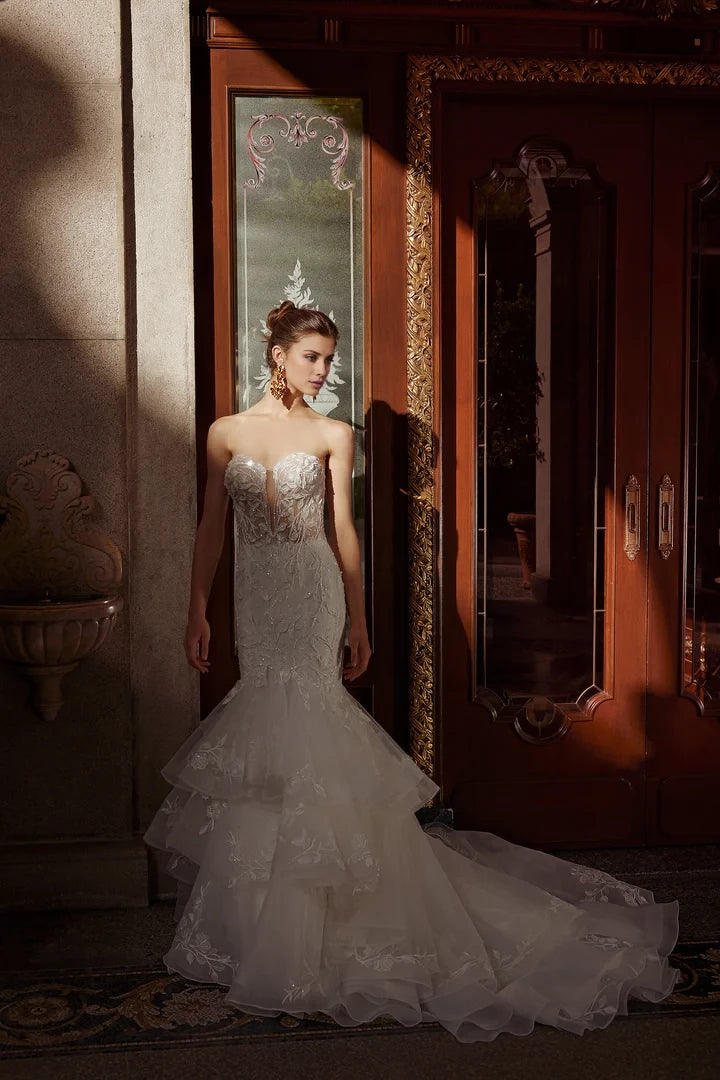 Strapless Trumpet Gown with Ruffle Skirt and Plunging Neckline Wedding Dresses
