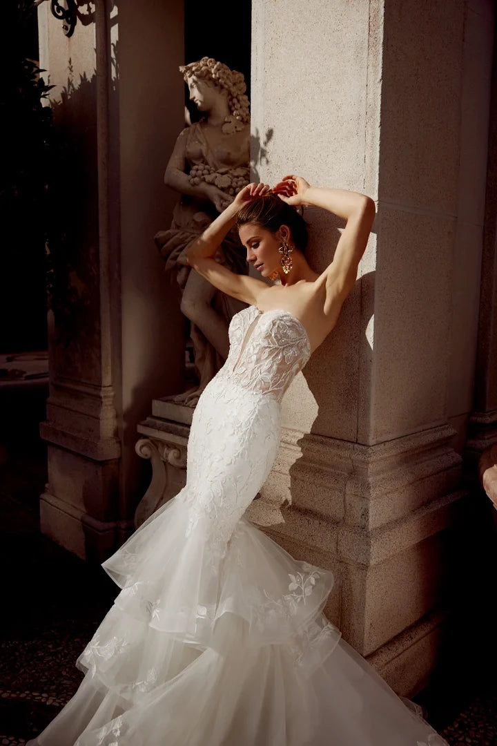 Strapless Trumpet Gown with Ruffle Skirt and Plunging Neckline Wedding Dresses
