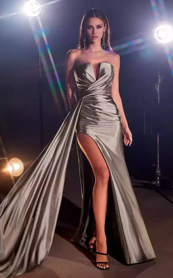 Strapless V neck Satin Dress with Ruching and Attached Sash Evening Dress