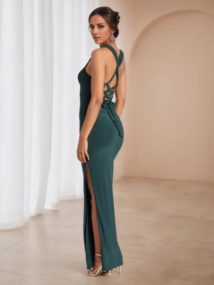 Straps Criss Cross Straps Hunter Green Prom Dresses