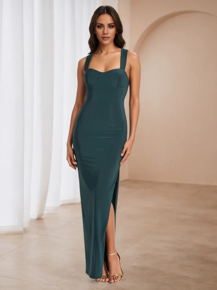 Straps Criss Cross Straps Hunter Green Prom Dresses