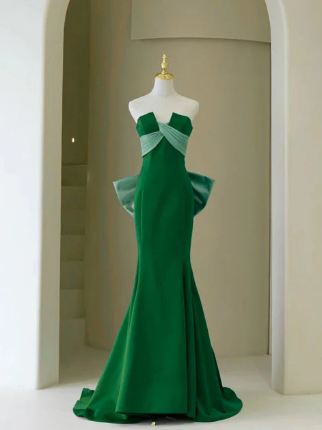 Striking Mermaid Strapless Two-Tone Satin Oversized-Bow Back Train Length Evening Dresses