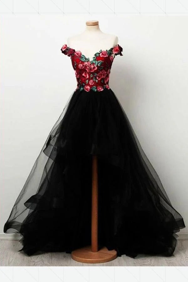 Striking A-Line Off-the-Shoulder 3D-Floral Red-Black High-Low Prom Dresses