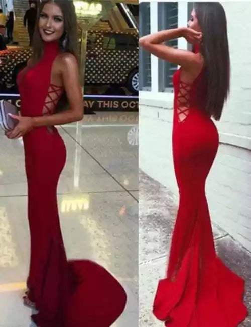 Striking Crimson Crepe Gown with Halter Neck & Lace-Up Cutouts