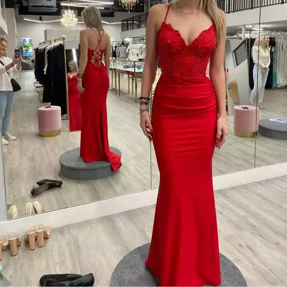 Striking Red Satin Mermaid Gown with Beaded Bodice & Cross-Back Lace-Up