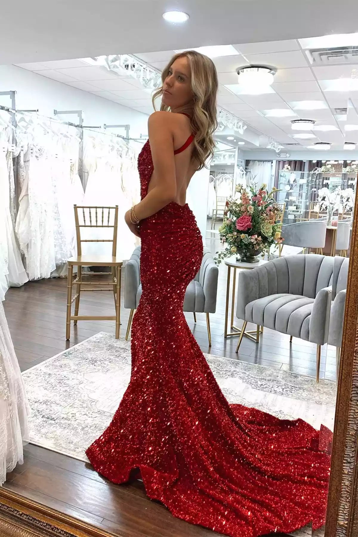 Striking Red Sequin Mermaid Gown with Halter Neck & Open Back