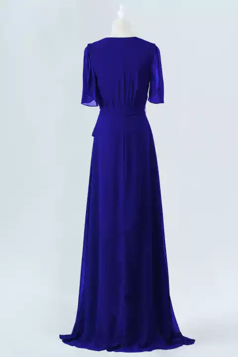 Striking Royal Blue Chiffon Gown with Short Flutter Sleeves & Wrap Tie Waist