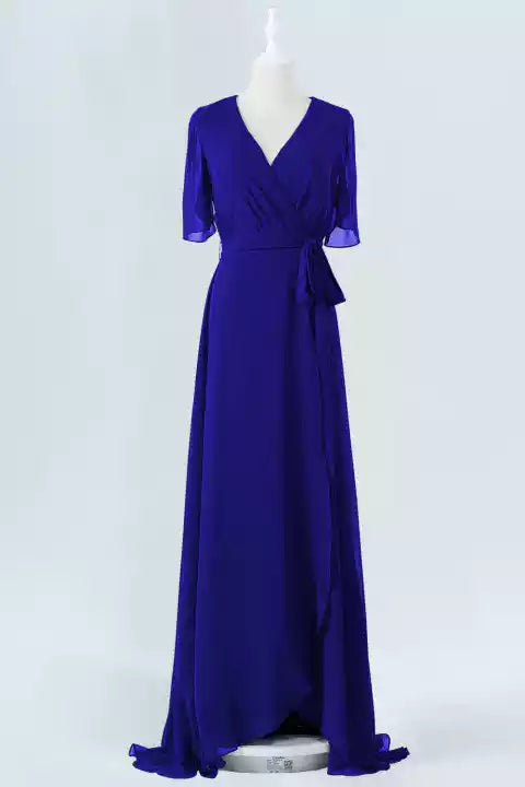 Striking Royal Blue Chiffon Gown with Short Flutter Sleeves & Wrap Tie Waist