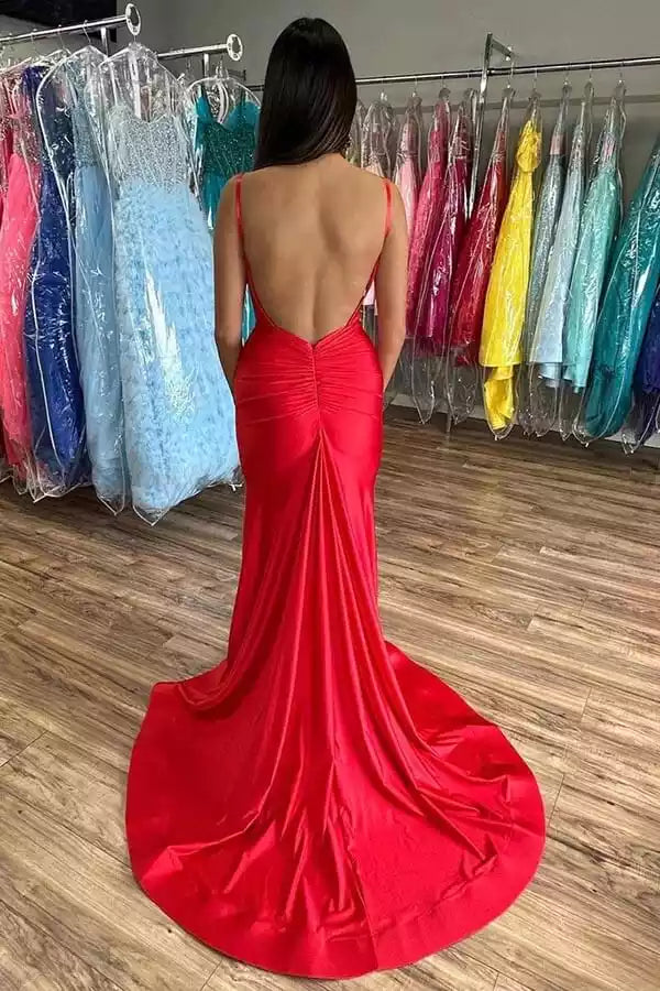 Striking Scarlet Satin Gown with Deep Open Back & Mermaid Silhouette