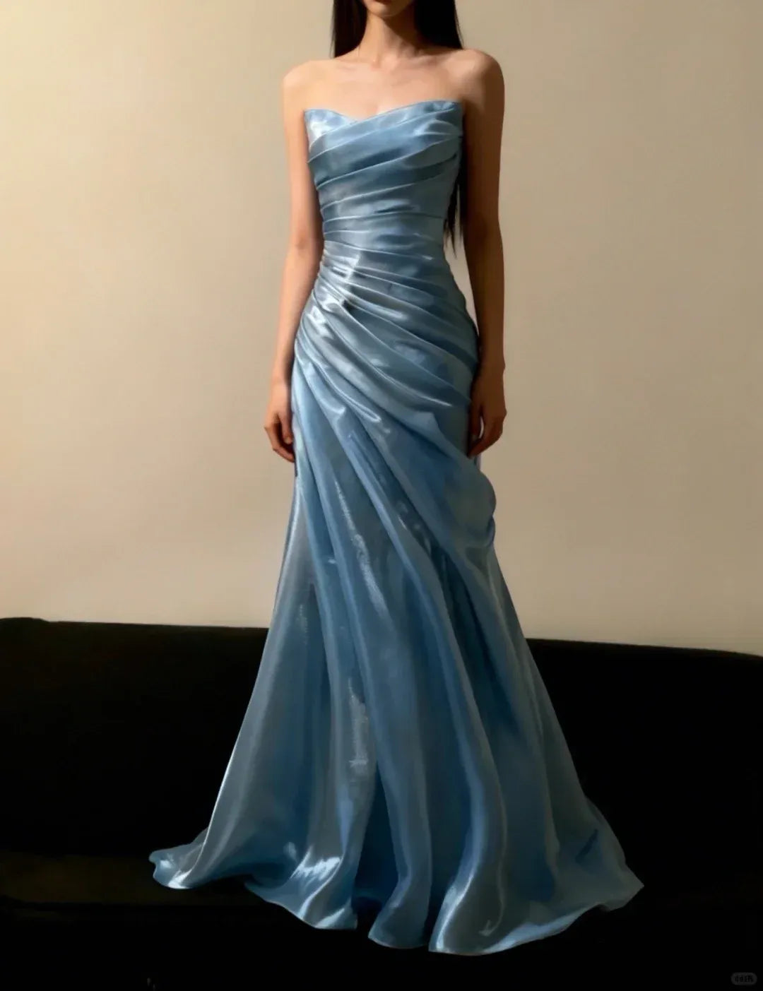 Stunning Mermaid Strapless Ruched Sky-Blue Satin Prom Dresses