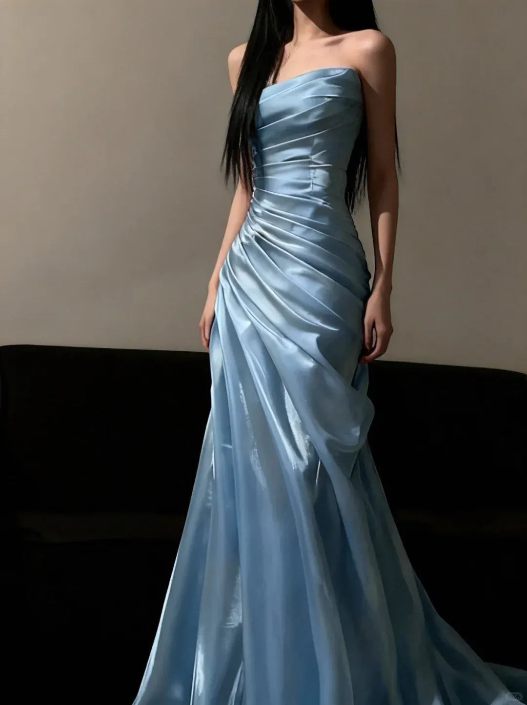 Stunning Mermaid Strapless Ruched Sky-Blue Satin Prom Dresses