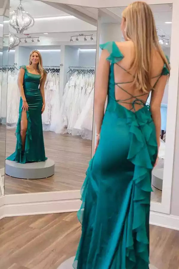 Stunning chiffon mermaid square neck ruffle hem slit sleeveless back strap Prom Dresses