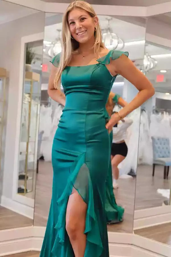 Stunning chiffon mermaid square neck ruffle hem slit sleeveless back strap Prom Dresses