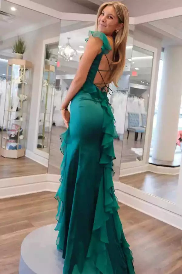 Stunning chiffon mermaid square neck ruffle hem slit sleeveless back strap Prom Dresses