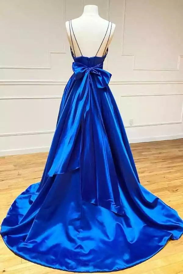 Stunning satin A-line V-neck bow thin shoulder strap back zipper Prom Dresses