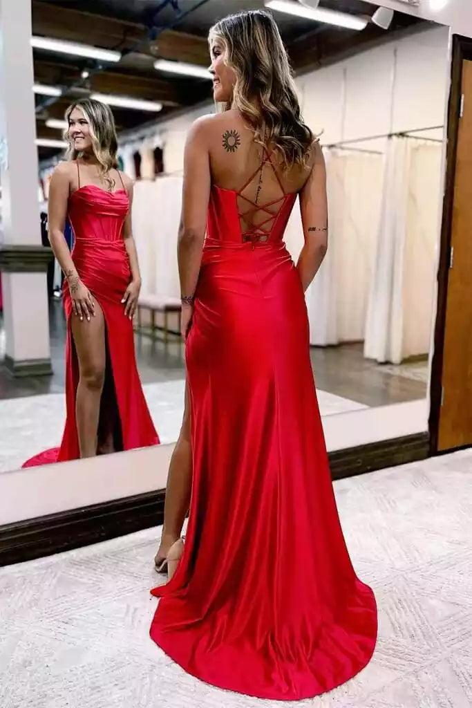 Stunning satin heart-shaped collar with slit, sleeveless slim straps and Prom Dresses