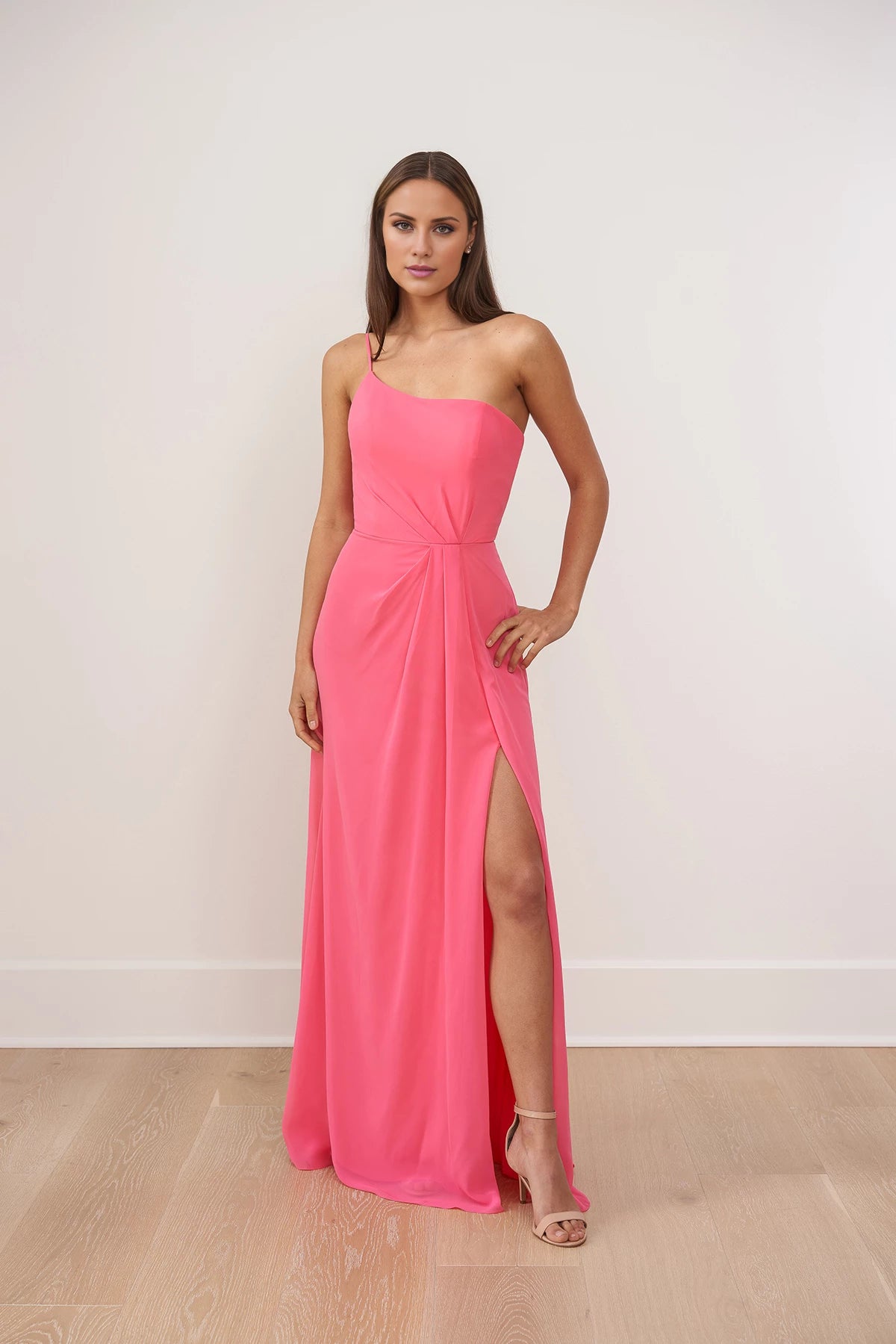 Stylish Poly Chiffon A-line Gown with Asymmetrical One Shoulder Neckline and Radiating Gathers Bridesmaid Dresses