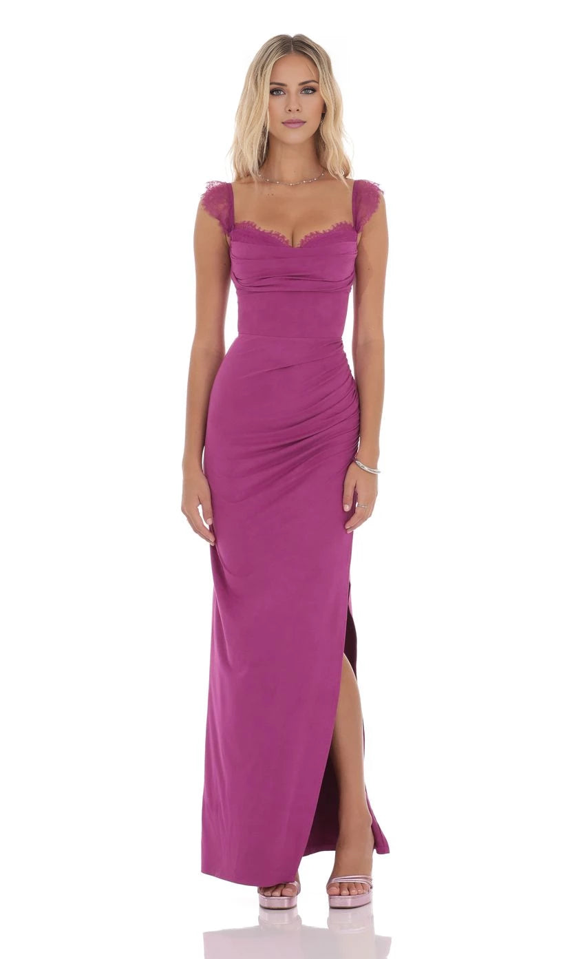 Suede Draped Lace Maxi Dress Prom Dresses