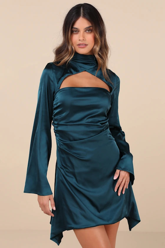 Sultry Elevation Satin Long Sleeve Cutout Mini Dress Homecoming Dresses