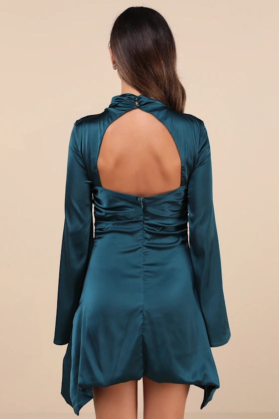 Sultry Elevation Satin Long Sleeve Cutout Mini Dress Homecoming Dresses
