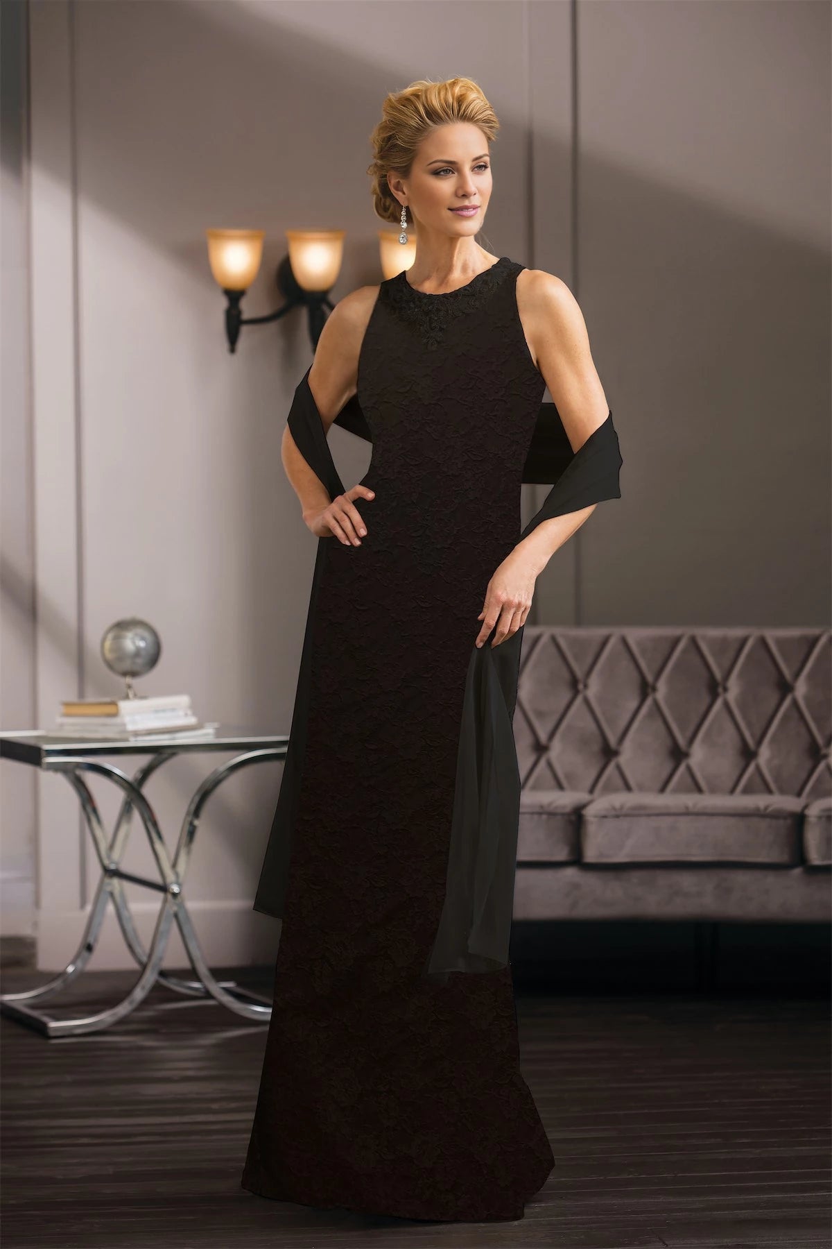 Sultry lace mother of the bride gown with bejeweled halter neckline and flared lace skirt Mother of the Bride Dresses