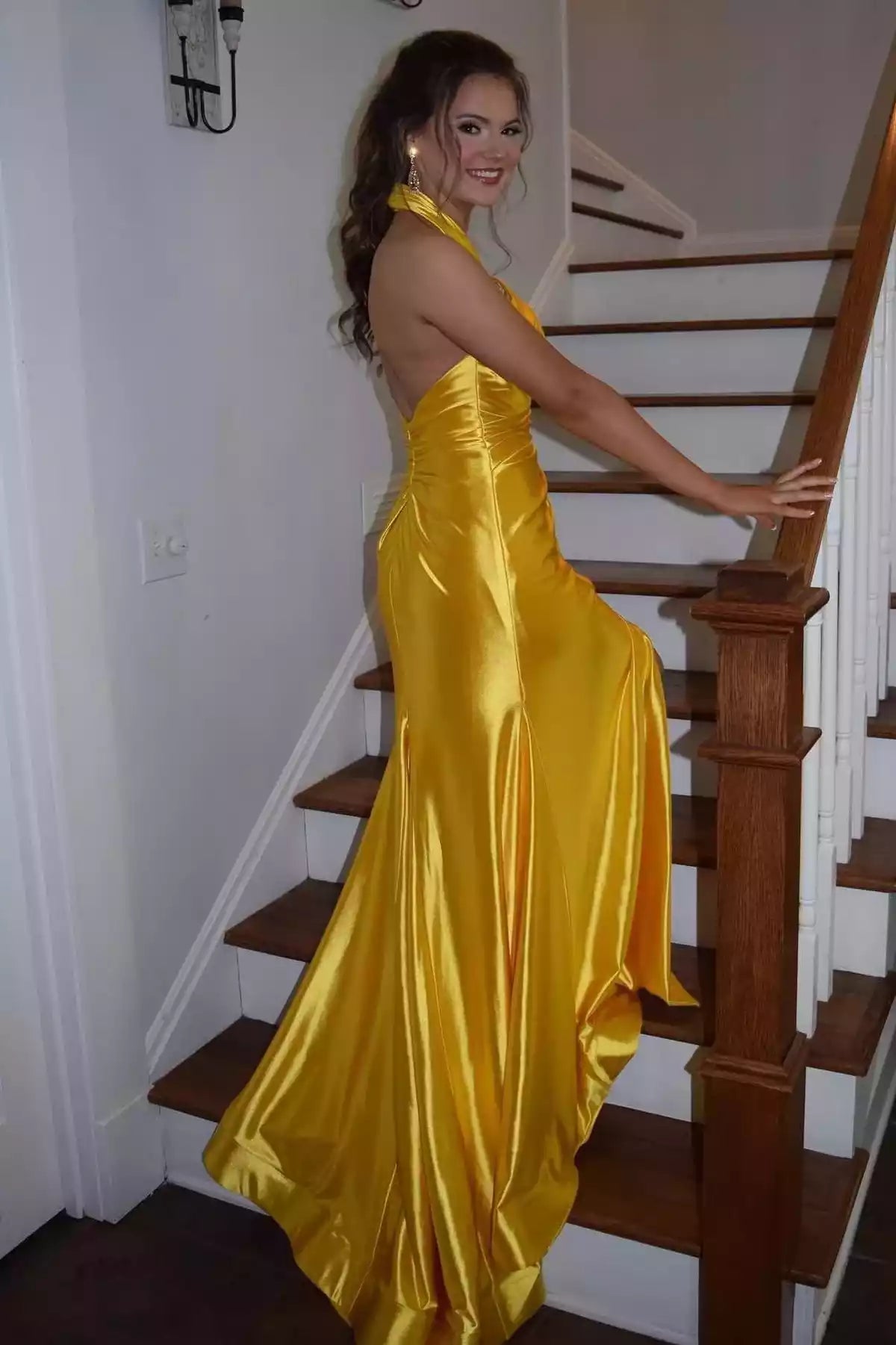 Sunflower Yellow Satin Halter Cutout Gown – Vibrant & Elegant Evening Party Dress