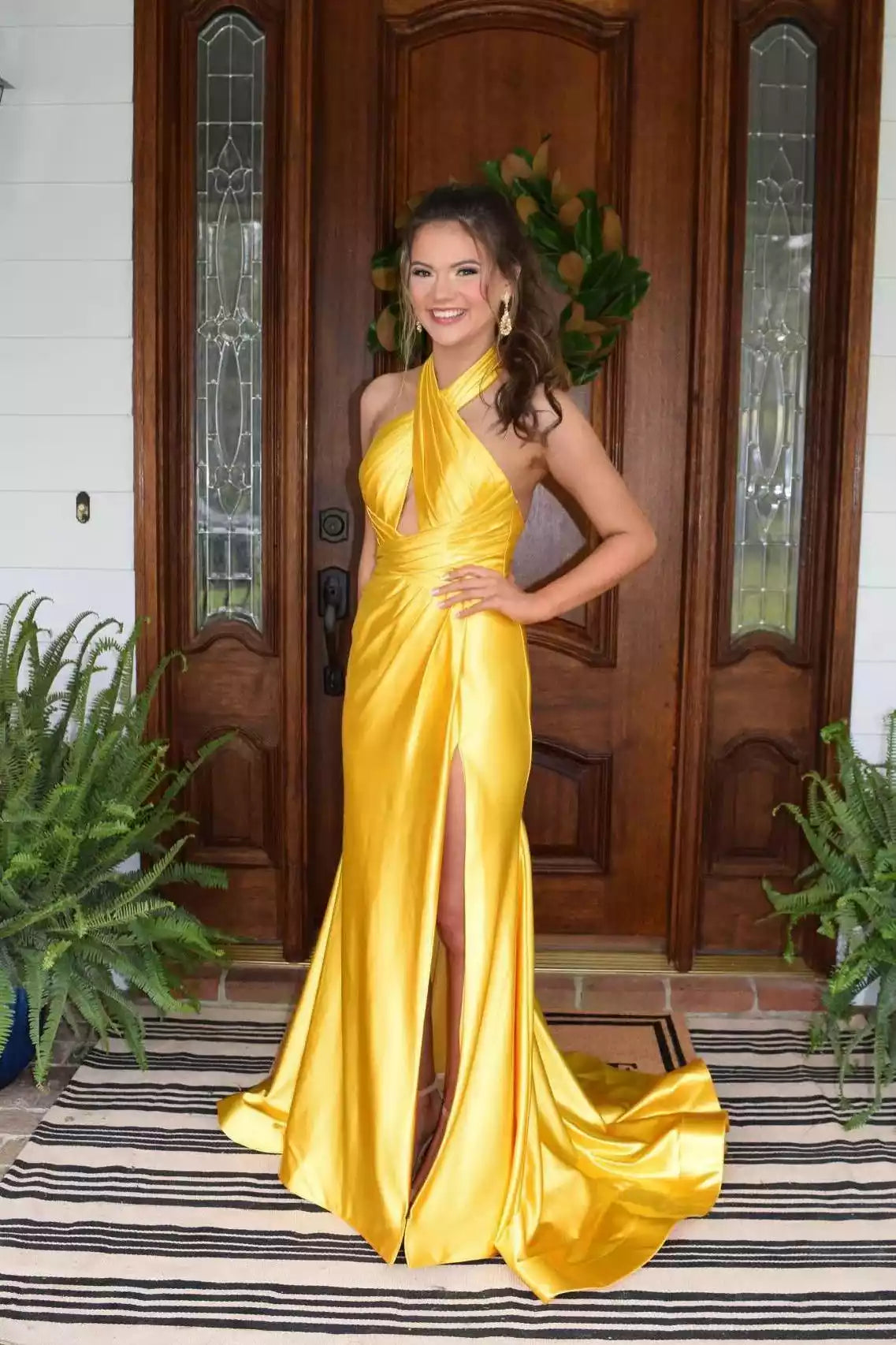 Sunflower Yellow Satin Halter Cutout Gown – Vibrant & Elegant Evening Party Dress